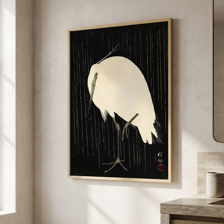 White Heron Standing in the Rain by Ohara Koson