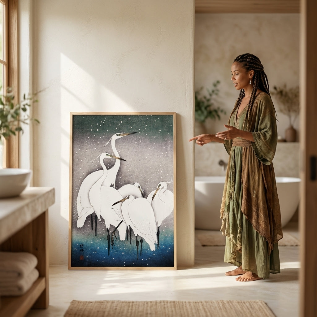 Egrets Birds in Snow 1925 Japanese Woodblock Print