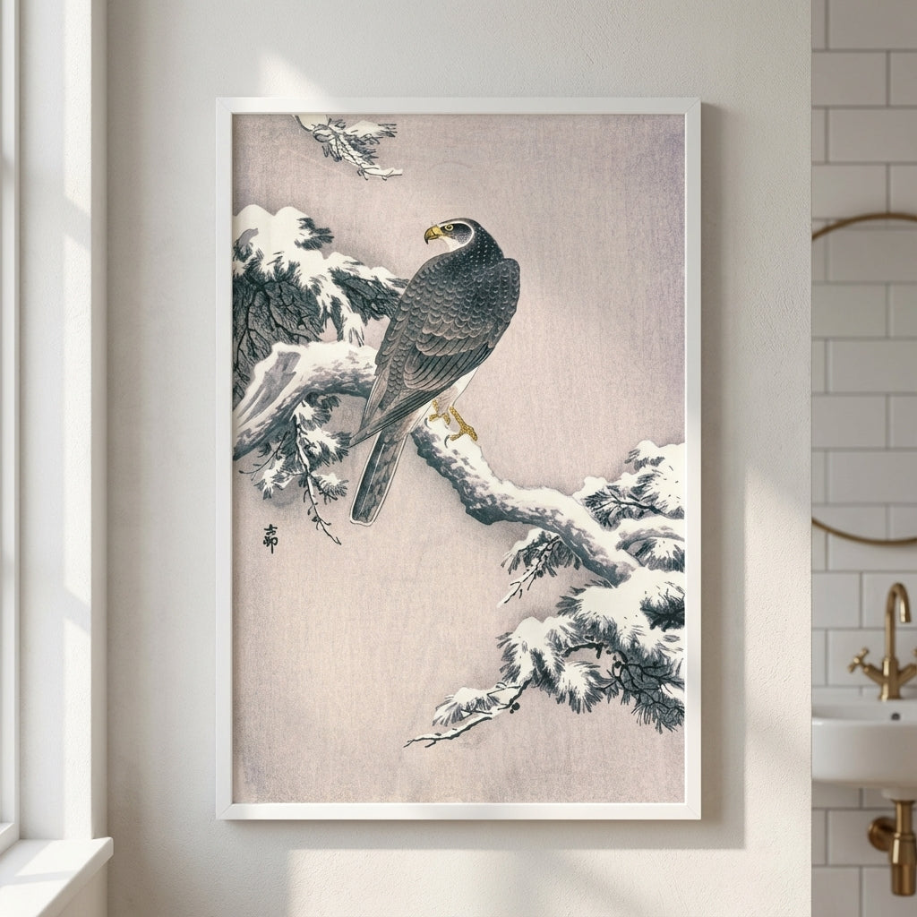 Goshawk on Snow-covered Pine Bough by Ohara Koson