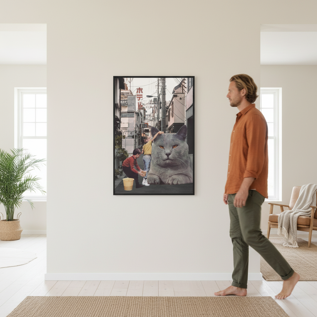 Children Washing a Giant Cat in Tokyo Streets by Florent Bodart