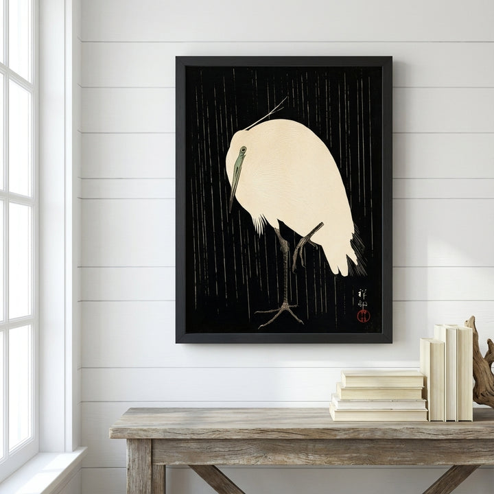 White Heron Standing in the Rain by Ohara Koson