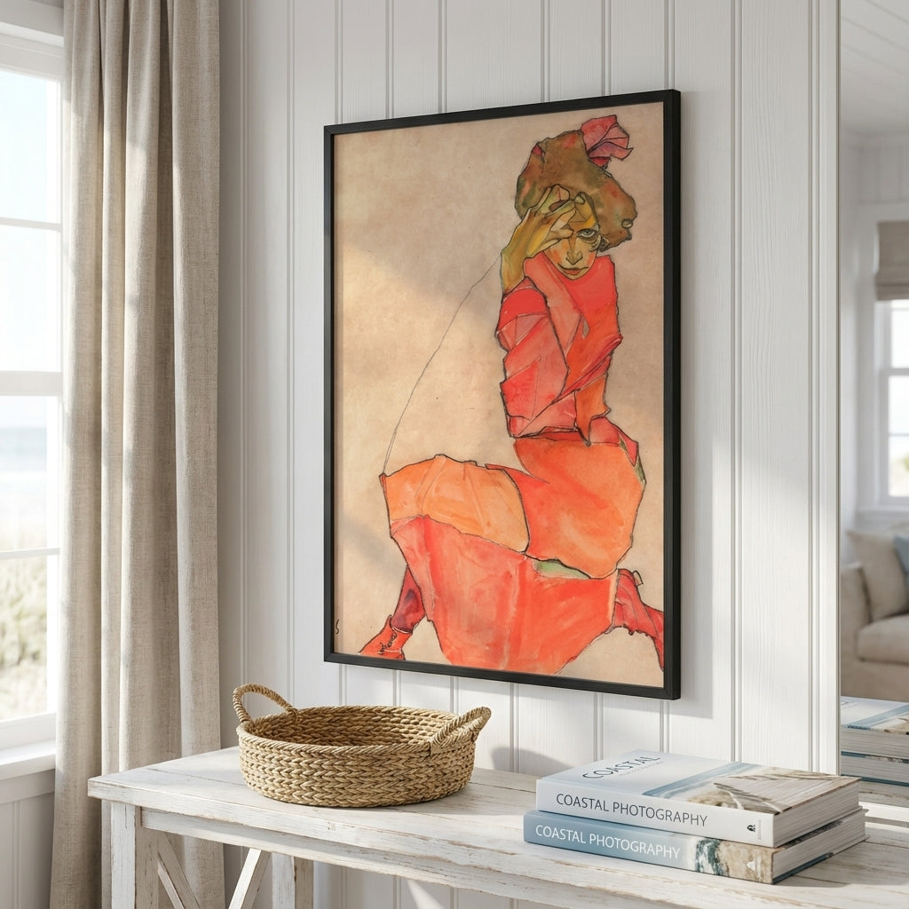 Egon Schiele - Kneeling Female in Orange Red Dress 1910