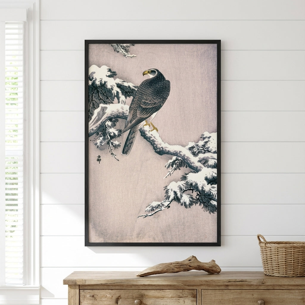 Goshawk on Snow-covered Pine Bough by Ohara Koson
