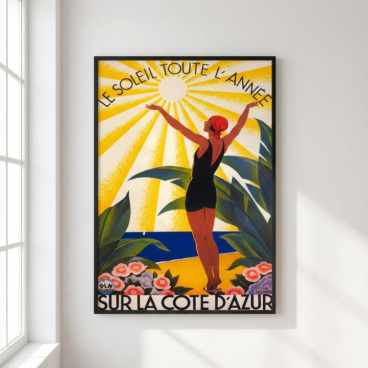 French Riviera Art Deco Poster Woman Sunbathing Vintage