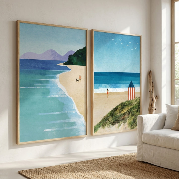 Morning Brighton Beach Stroll Set of 2 Abstract Prints by Henry Rivers