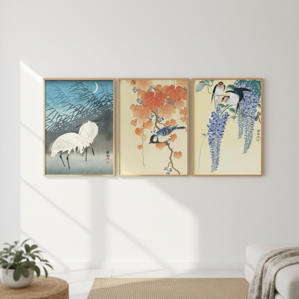 Trio of Woodblock Print Birds by Ohara Koson