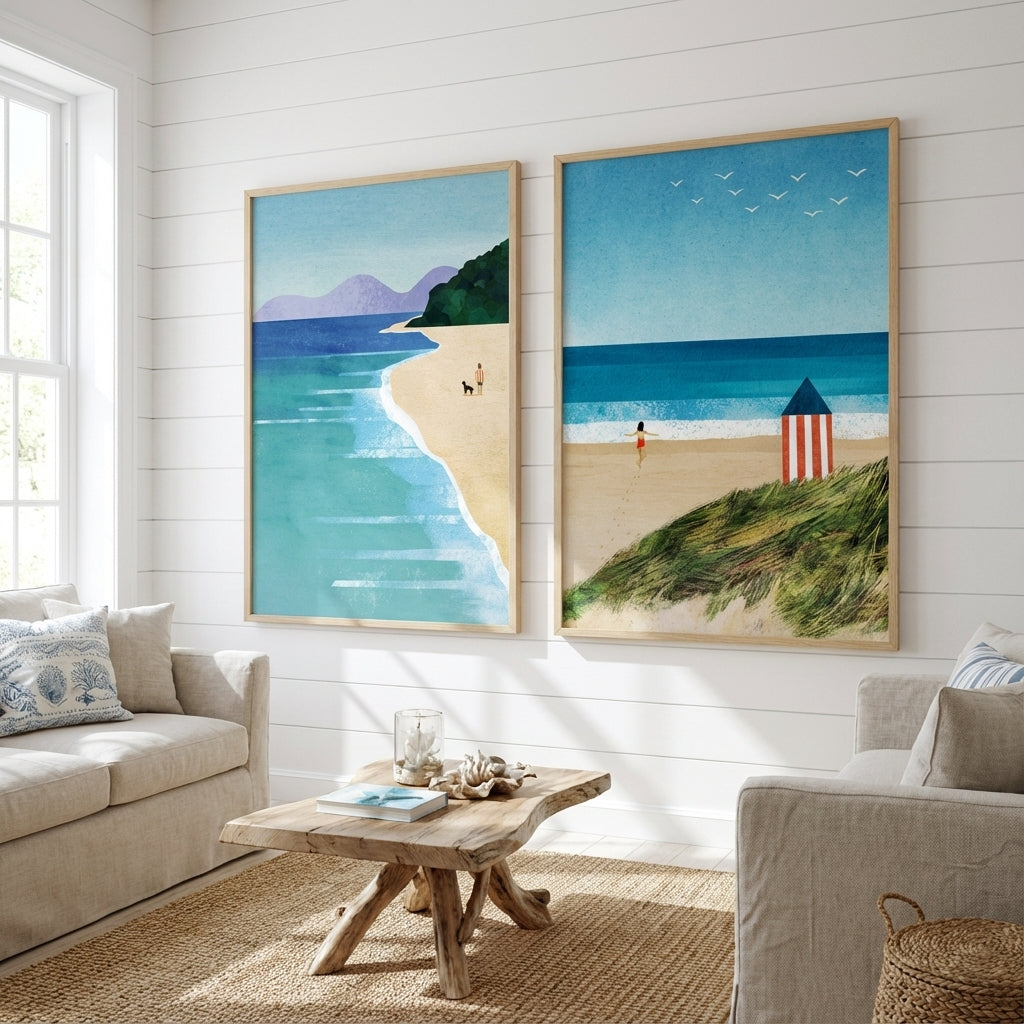 Morning Brighton Beach Stroll Set of 2 Abstract Prints by Henry Rivers