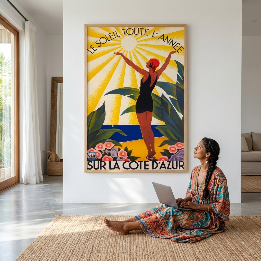 French Riviera Art Deco Poster Woman Sunbathing Vintage