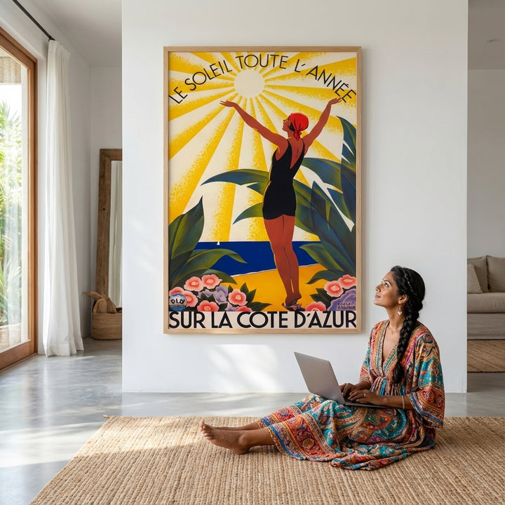 French Riviera Art Deco Poster Woman Sunbathing Vintage