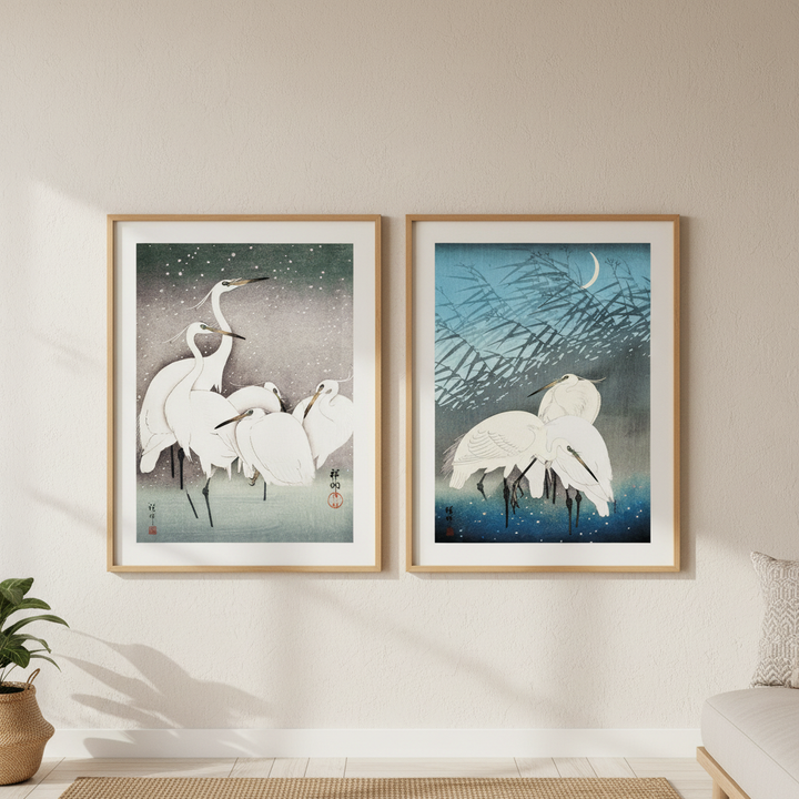 Egret Japanese Birds Woodblock Prints Set of 2 by Ohara Koson
