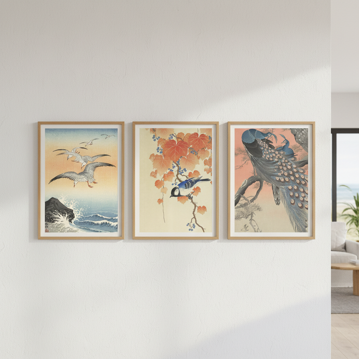Trio of Japanese Orange Woodblock Bird Prints by Ohara Koson