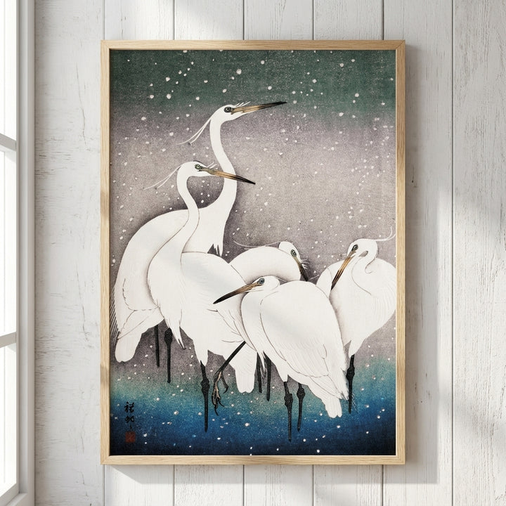 Egrets Birds in Snow 1925 Japanese Woodblock Print