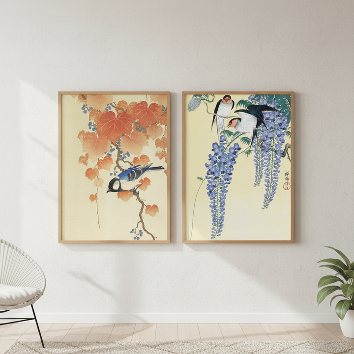 Bird and Swallow Set of 2 Japanese Woodblock Prints by Ohara Koson