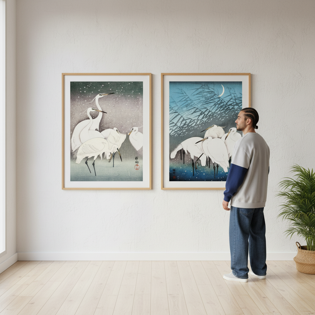 Egret Japanese Birds Woodblock Prints Set of 2 by Ohara Koson