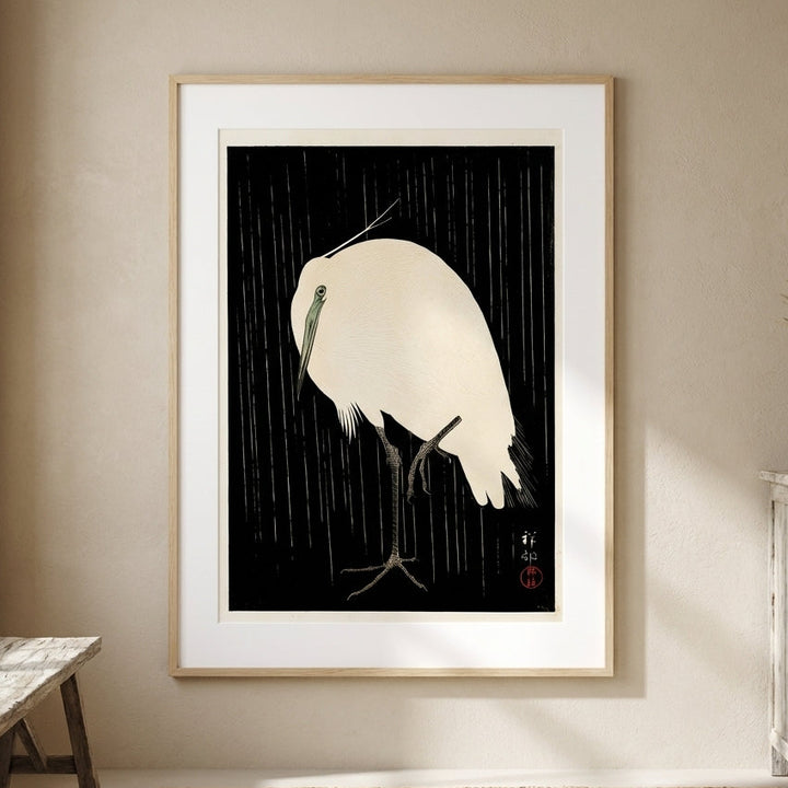 White Heron Standing in the Rain by Ohara Koson