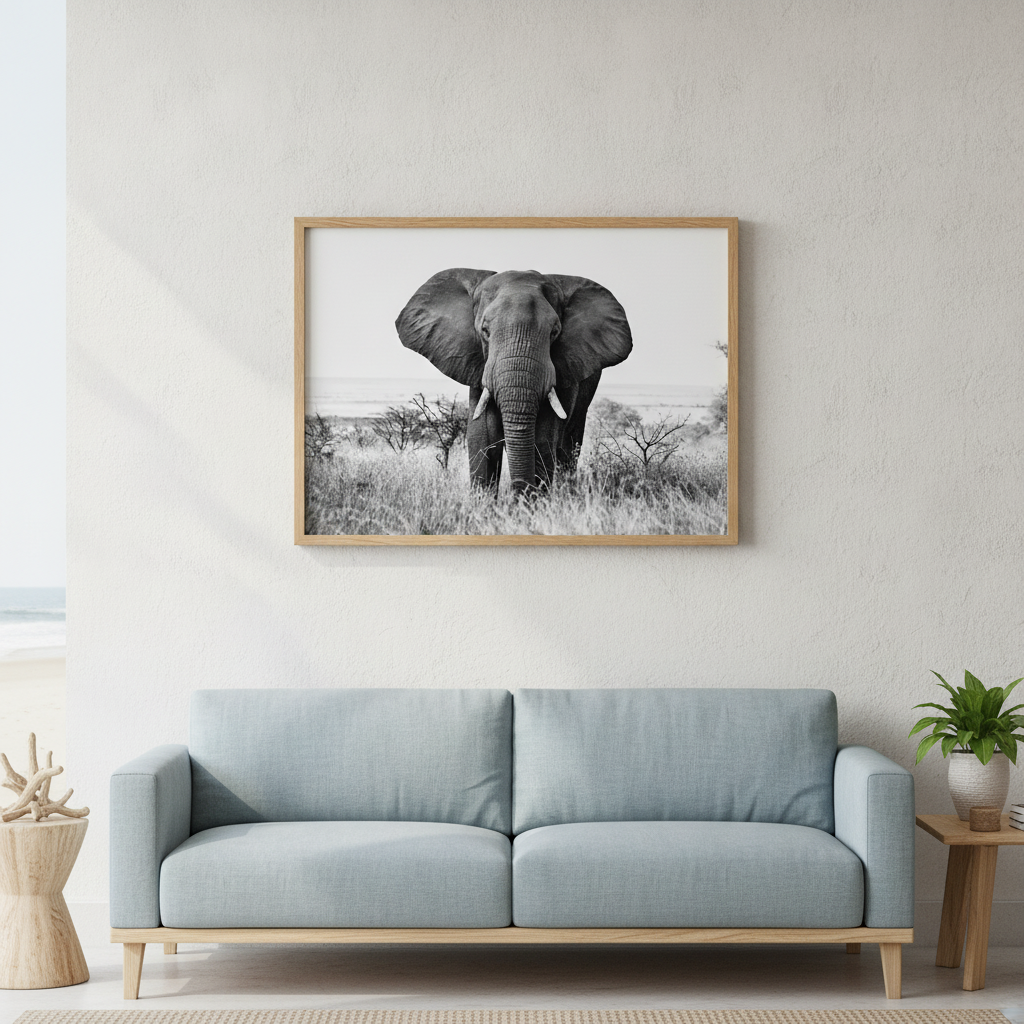 Bull Elephant Landscape Photograph Black and White