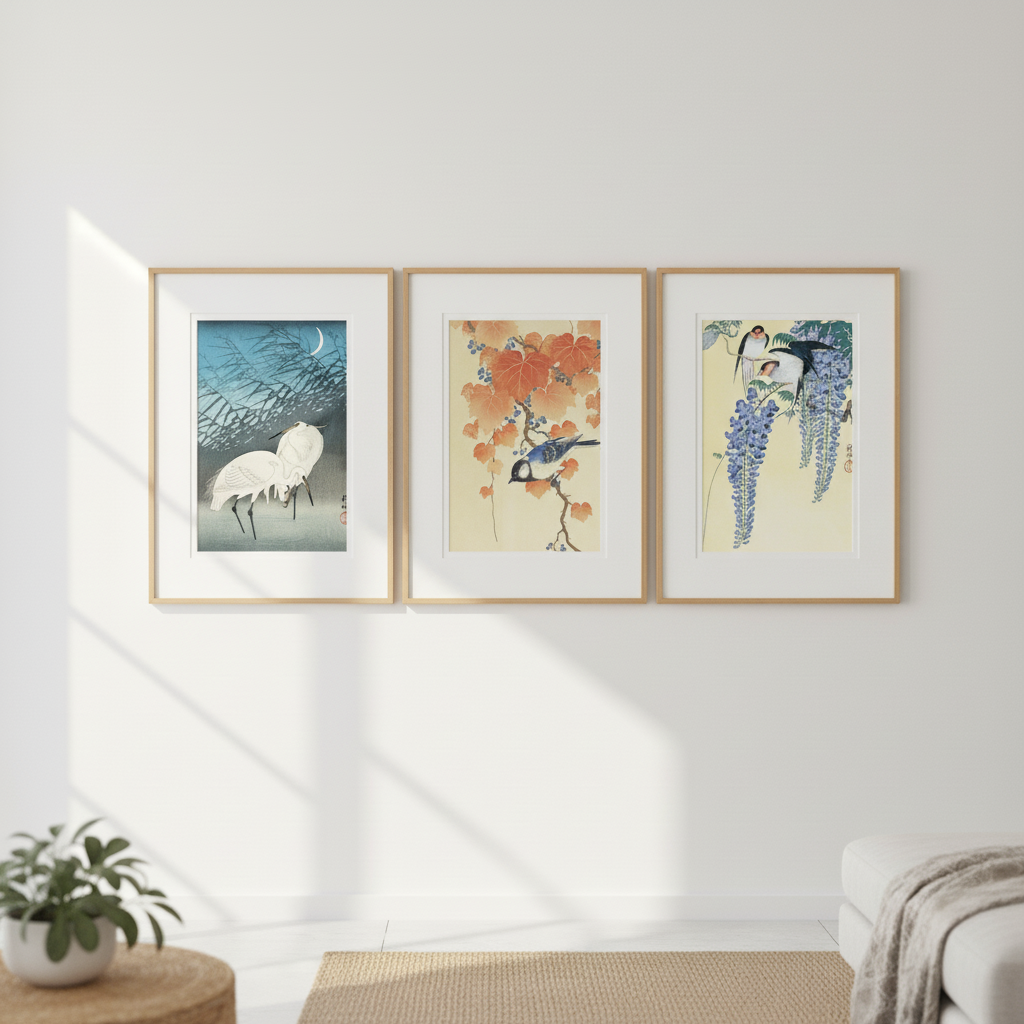 Trio of Woodblock Print Birds by Ohara Koson