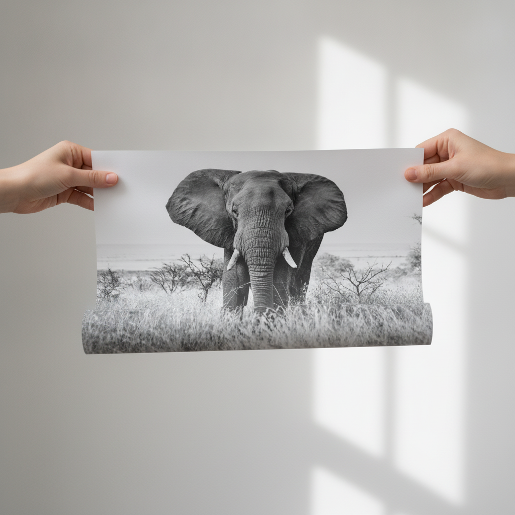 Bull Elephant Landscape Photograph Black and White