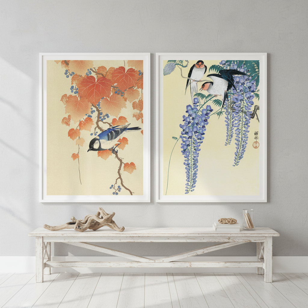 Bird and Swallow Set of 2 Japanese Woodblock Prints by Ohara Koson