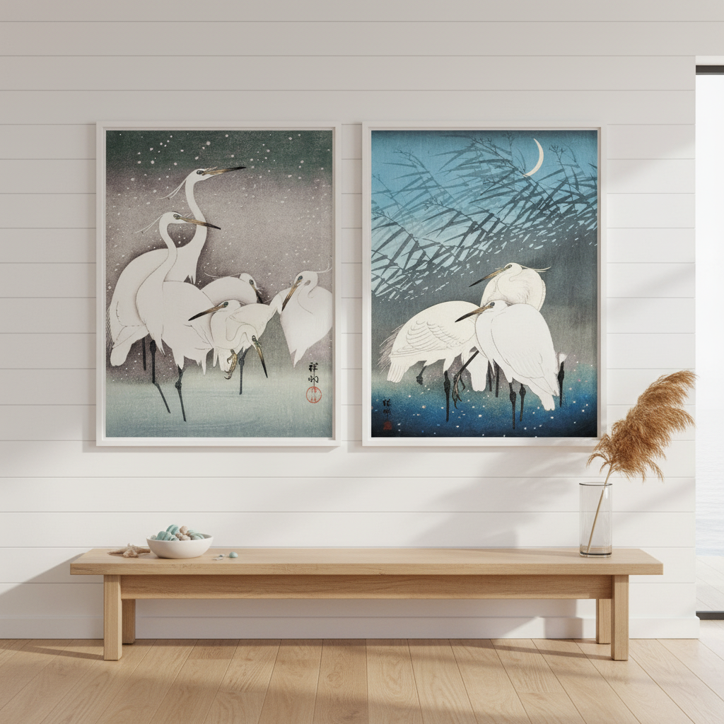 Egret Japanese Birds Woodblock Prints Set of 2 by Ohara Koson