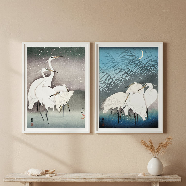Egret Japanese Birds Woodblock Prints Set of 2 by Ohara Koson