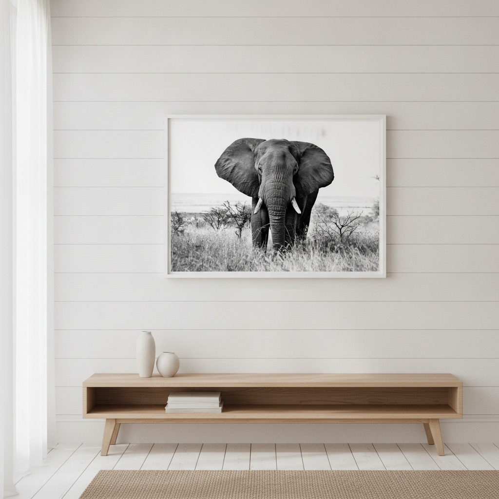 Bull Elephant Landscape Photograph Black and White