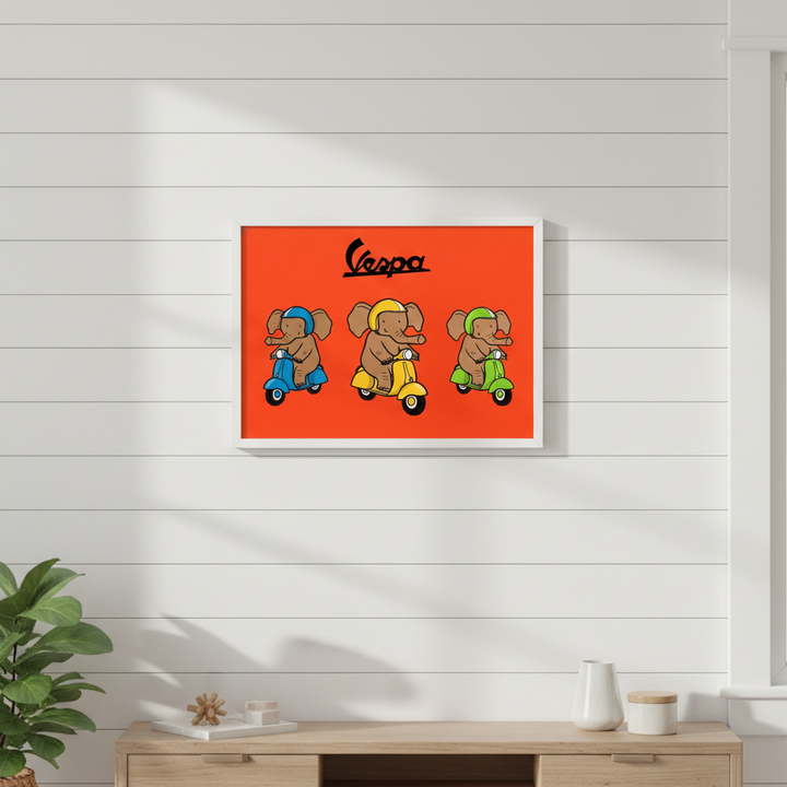 Elephant Riding Vespa Landscape Vintage Art