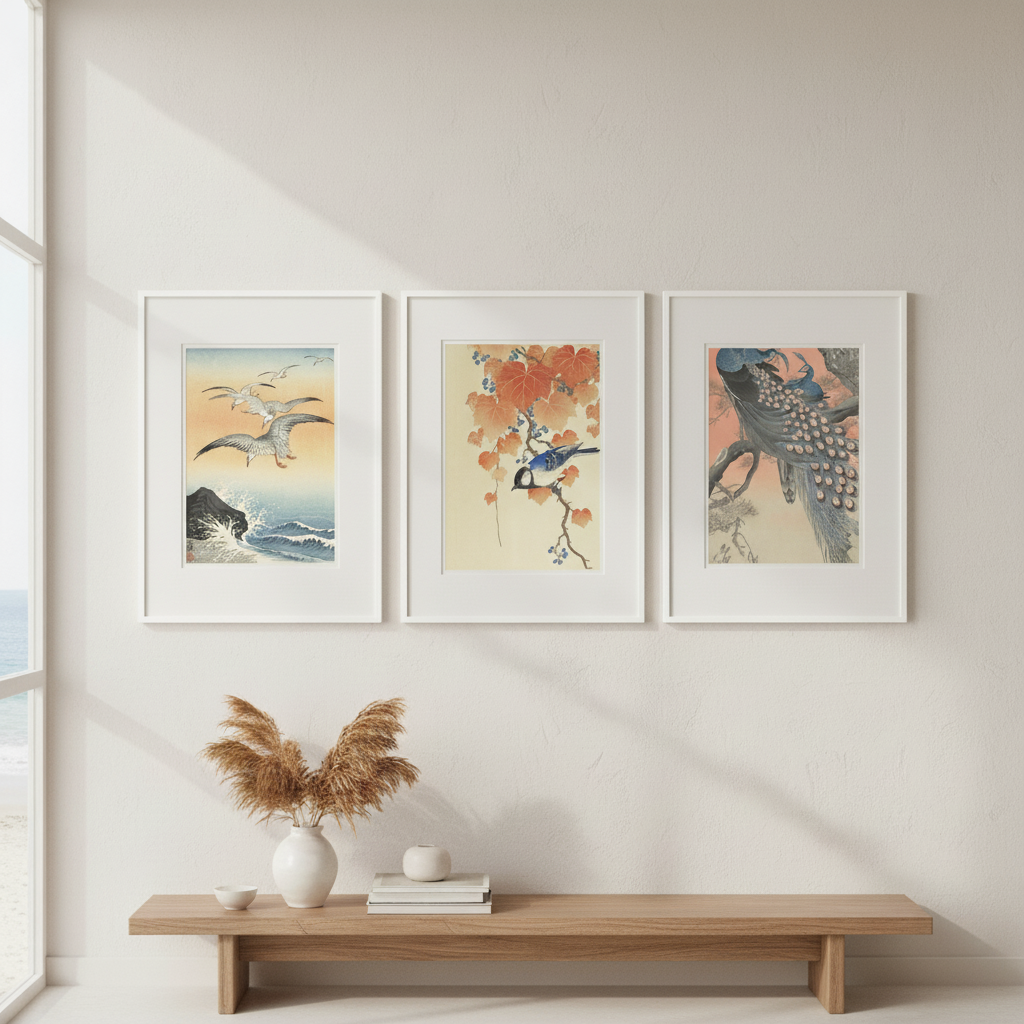 Trio of Japanese Orange Woodblock Bird Prints by Ohara Koson