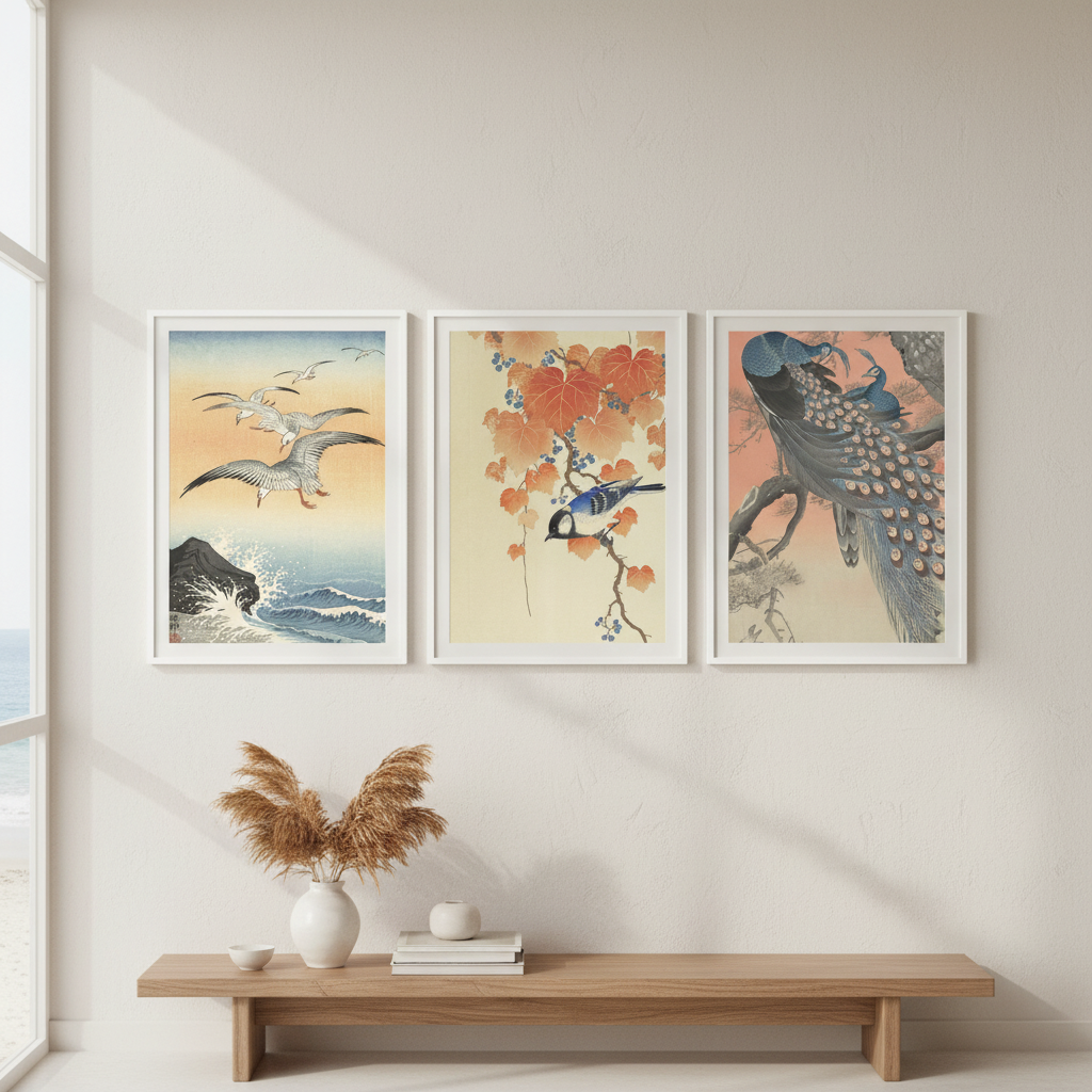 Trio of Japanese Orange Woodblock Bird Prints by Ohara Koson