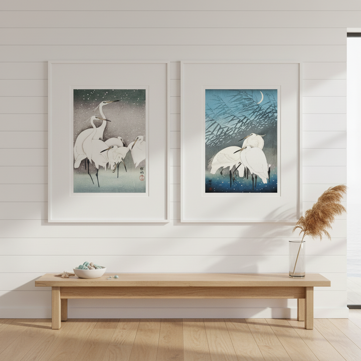 Egret Japanese Birds Woodblock Prints Set of 2 by Ohara Koson