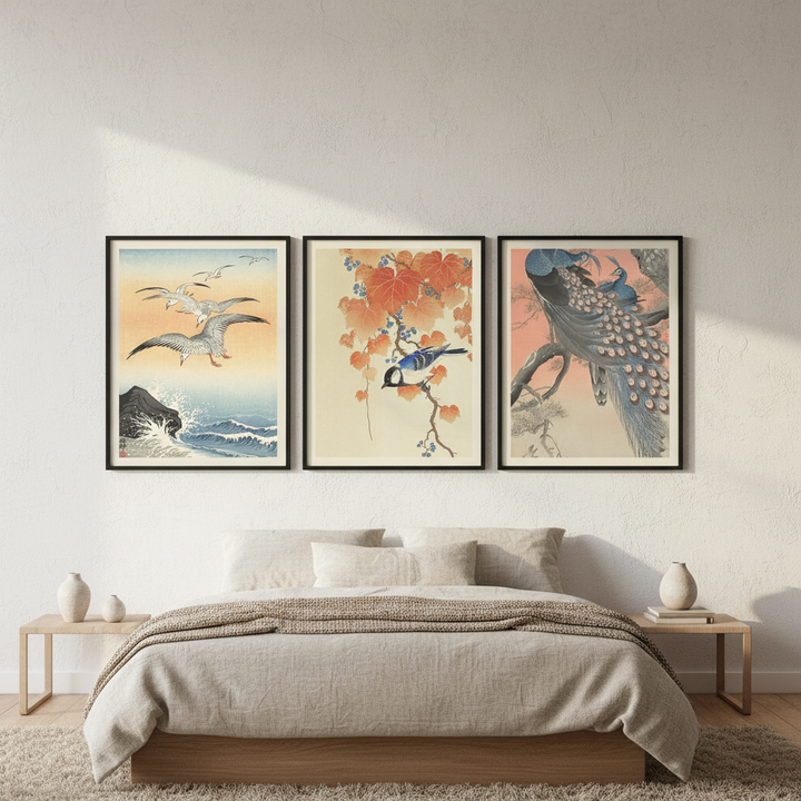 Trio of Japanese Orange Woodblock Bird Prints by Ohara Koson