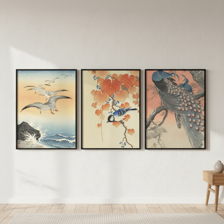 Trio of Japanese Orange Woodblock Bird Prints by Ohara Koson