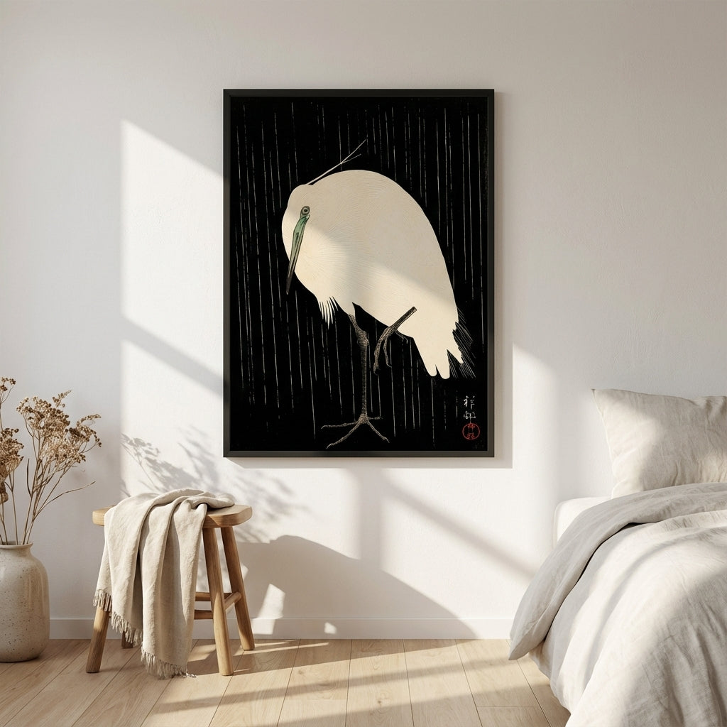 White Heron Standing in the Rain by Ohara Koson