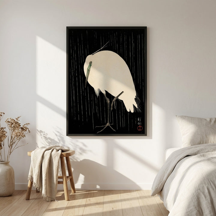 White Heron Standing in the Rain by Ohara Koson