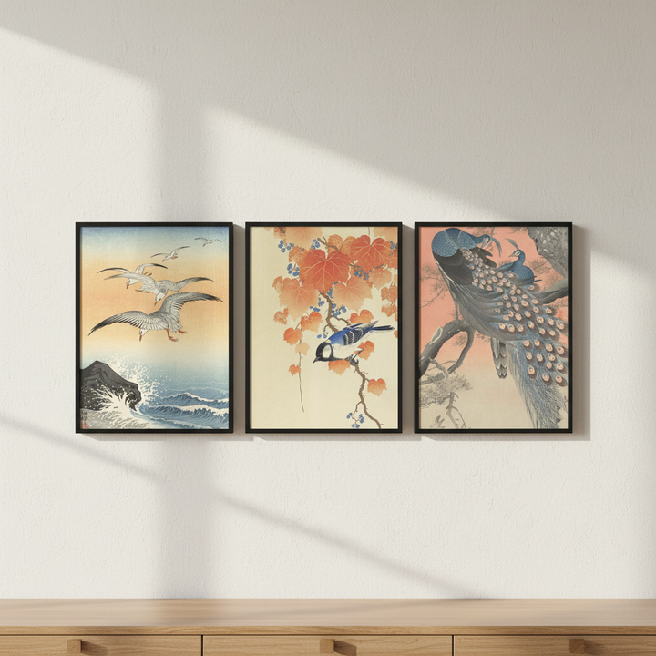 Trio of Japanese Orange Woodblock Bird Prints by Ohara Koson