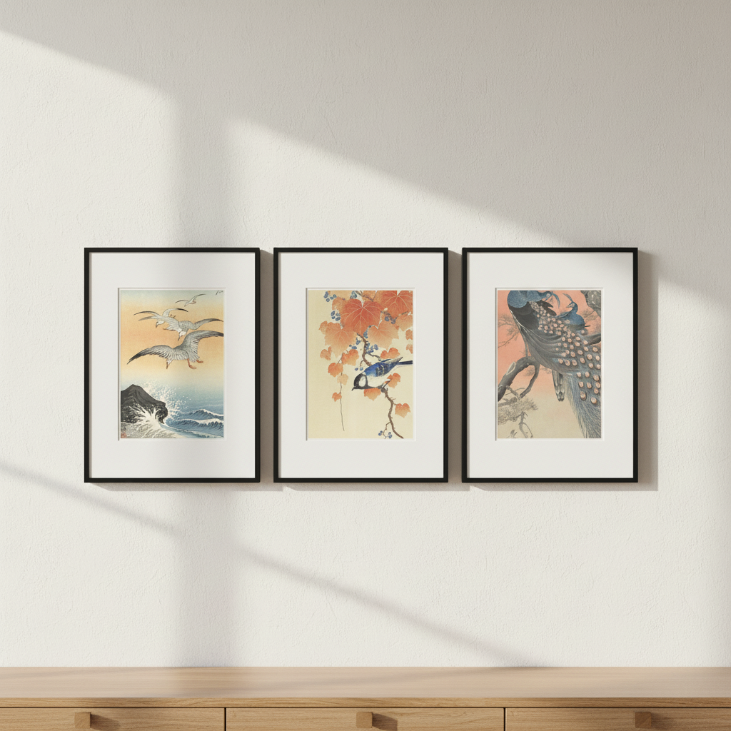 Trio of Japanese Orange Woodblock Bird Prints by Ohara Koson