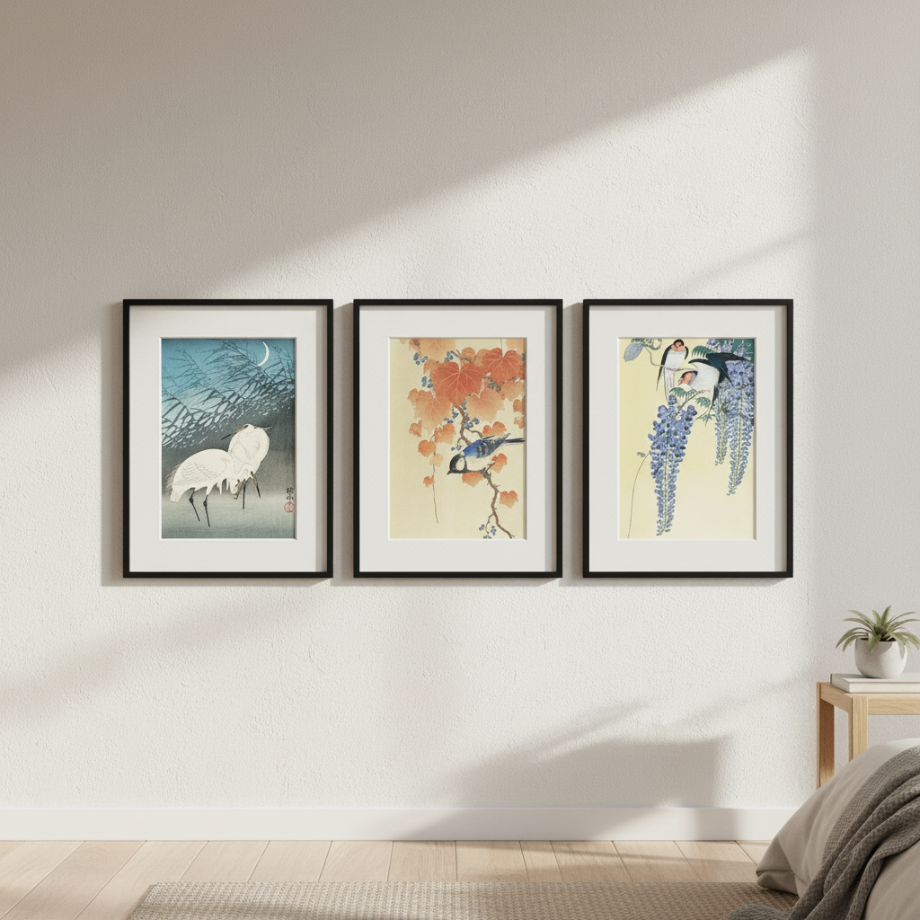 Trio of Woodblock Print Birds by Ohara Koson