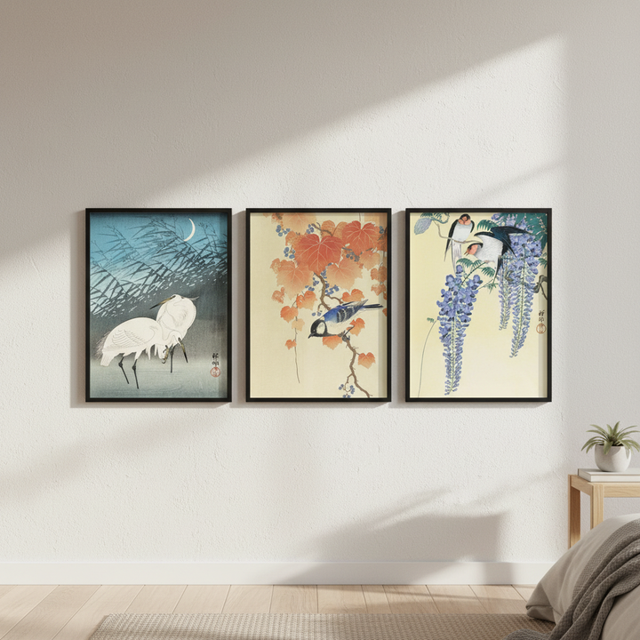 Trio of Woodblock Print Birds by Ohara Koson