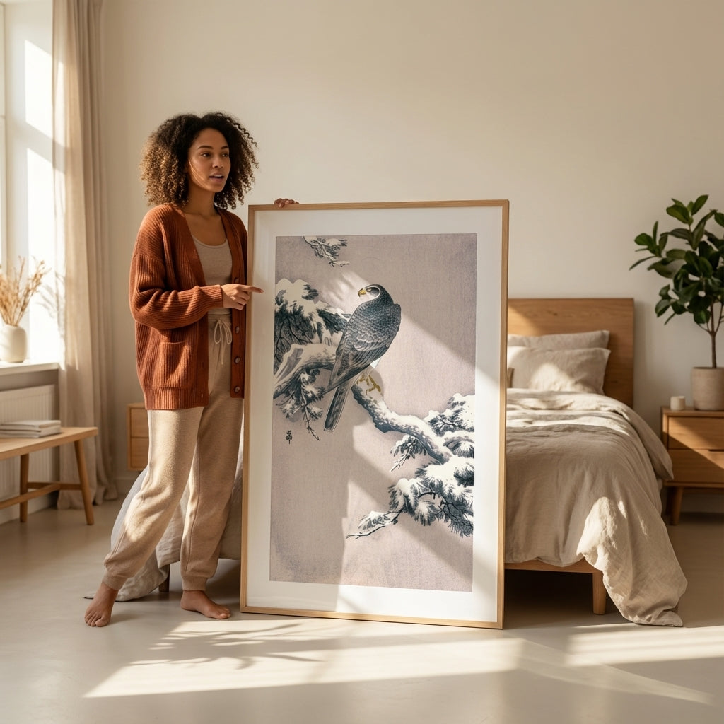 Goshawk on Snow-covered Pine Bough by Ohara Koson