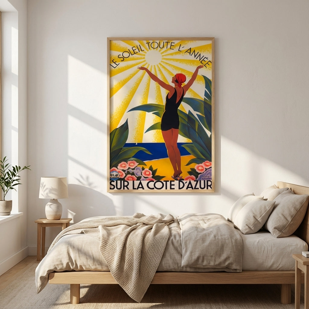 French Riviera Art Deco Poster Woman Sunbathing Vintage