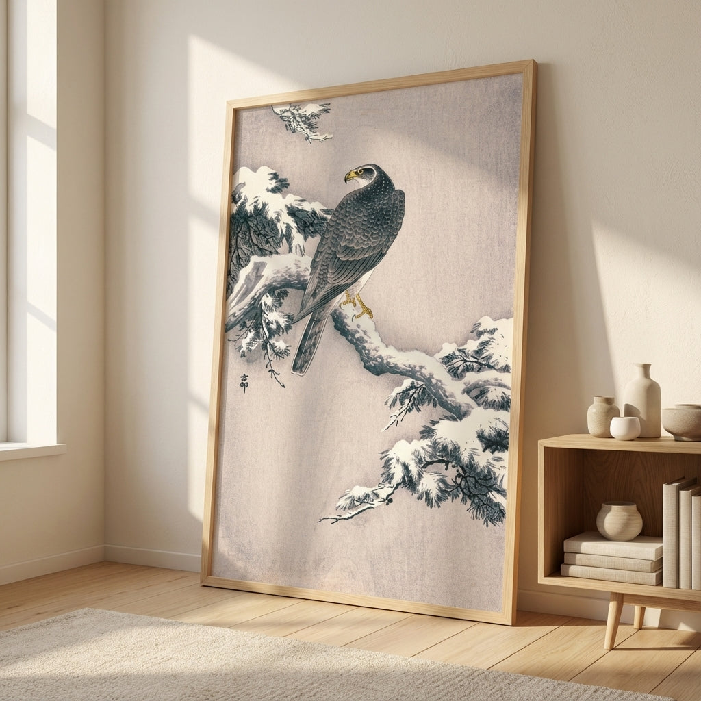 Goshawk on Snow-covered Pine Bough by Ohara Koson