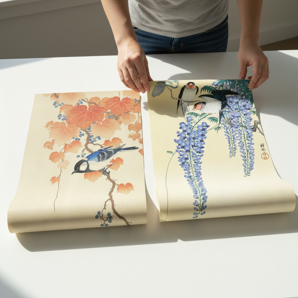 Bird and Swallow Set of 2 Japanese Woodblock Prints by Ohara Koson