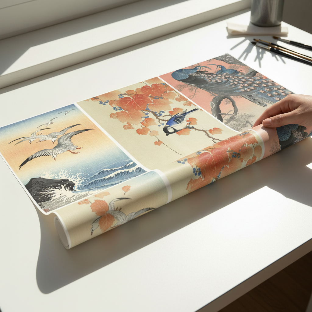 Trio of Japanese Orange Woodblock Bird Prints by Ohara Koson