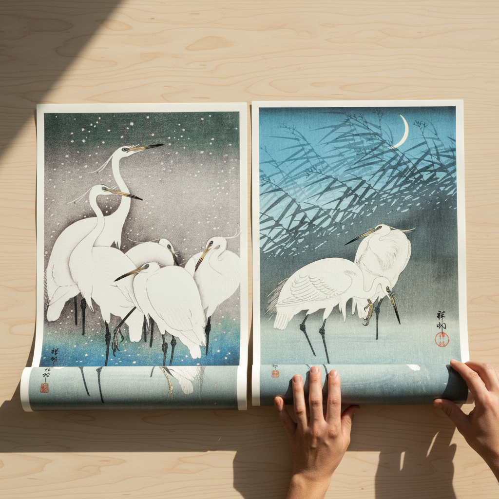 Egret Japanese Birds Woodblock Prints Set of 2 by Ohara Koson