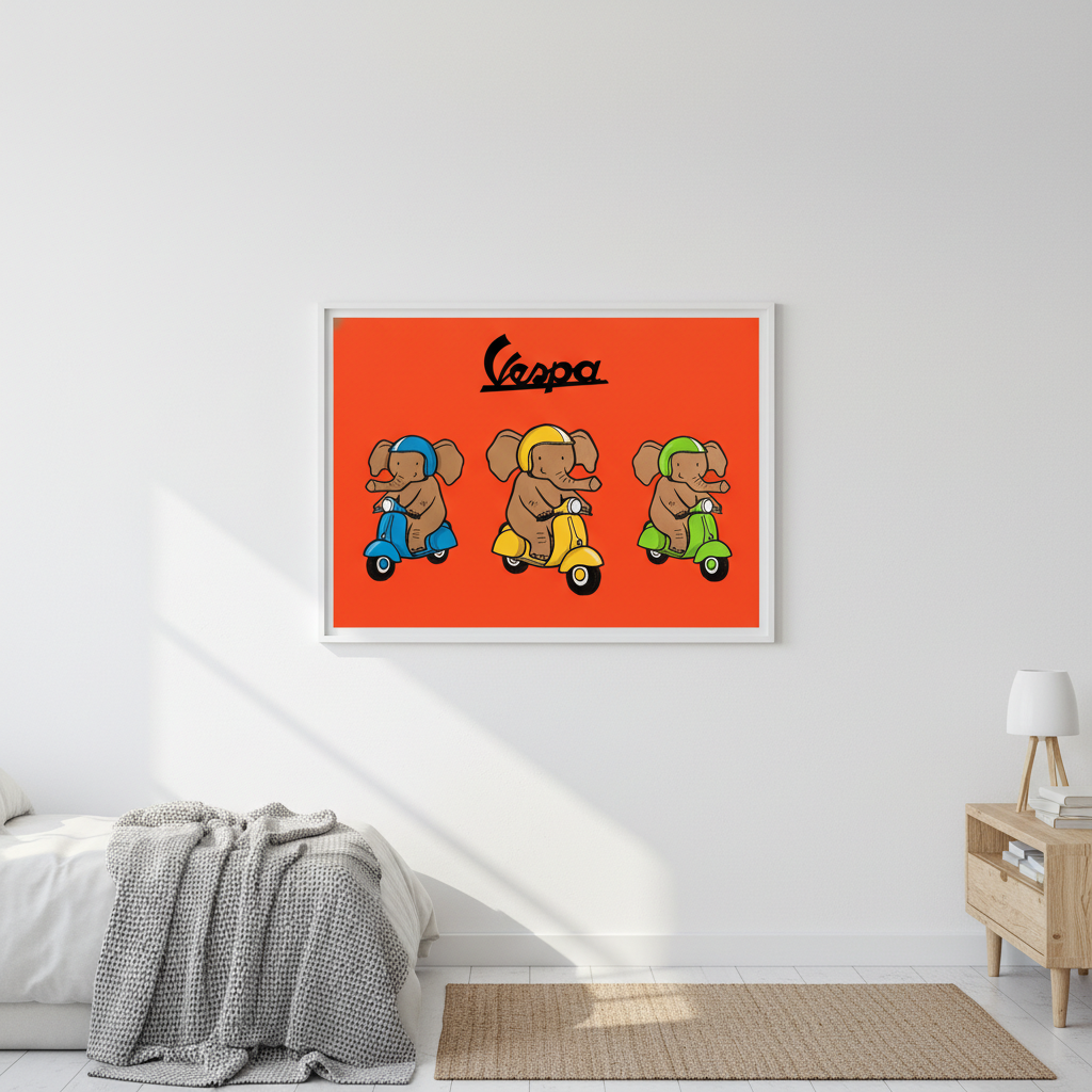 Elephant Riding Vespa Landscape Vintage Art