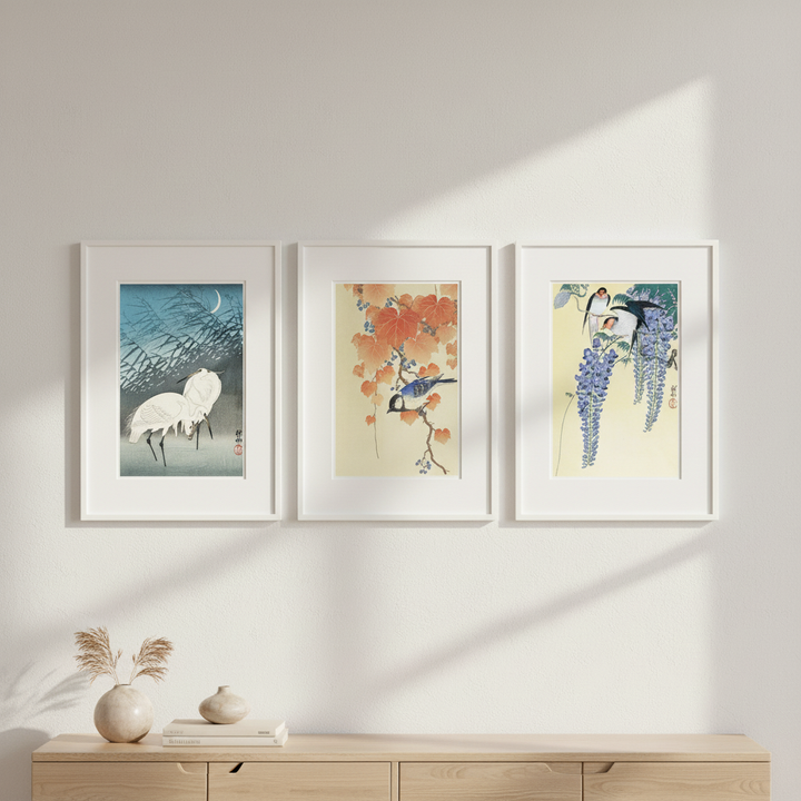 Trio of Woodblock Print Birds by Ohara Koson