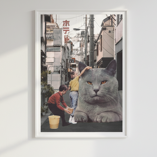 Children Washing a Giant Cat in Tokyo Streets by Florent Bodart