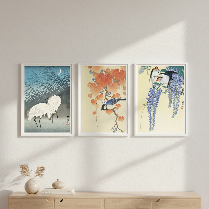Trio of Woodblock Print Birds by Ohara Koson
