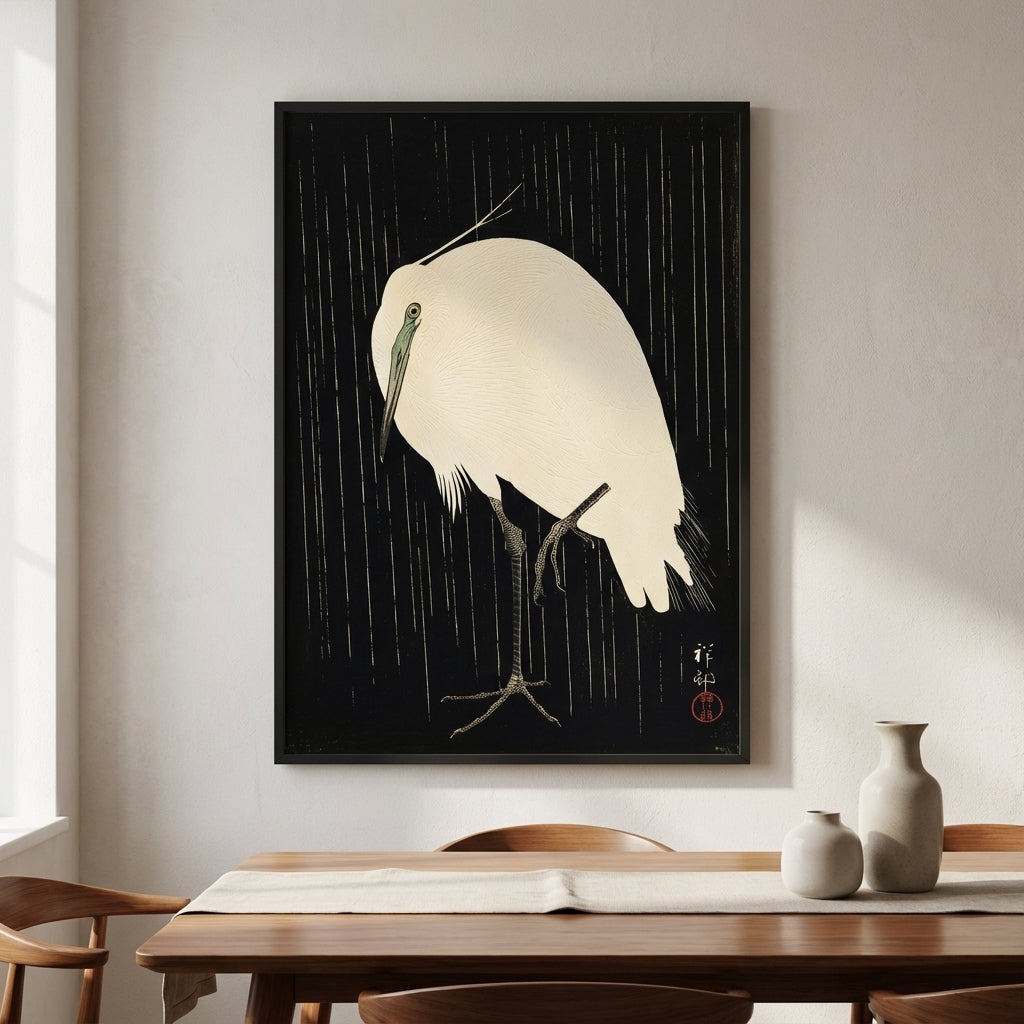 White Heron Standing in the Rain by Ohara Koson