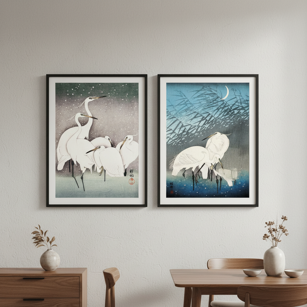 Egret Japanese Birds Woodblock Prints Set of 2 by Ohara Koson
